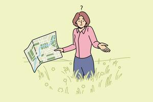 Lost woman with map stands in field and shrugs shoulders, not knowing where to go to find way home. Lost girl in business clothes is among tall grass, not understanding how to get out this situation vector