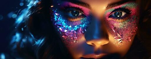 AI generated Close up portrait of a beautiful model with amazing colourful makeup photo