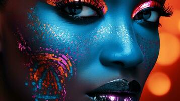 AI generated Close up portrait of a beautiful model with amazing colourful makeup photo