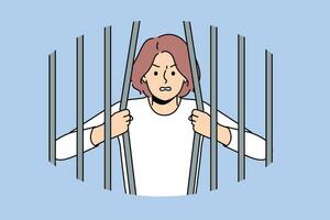 Woman prisoner breaks bars wanting to be released from captivity, for concept fight against discrimination and restrictions. Girl prisoner trying to escape from prison to avoid punishment for crimes vector