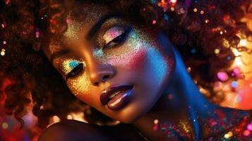 AI generated Close up portrait of a beautiful model with amazing colourful makeup photo