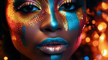 AI generated Close up portrait of a beautiful model with amazing colourful makeup photo