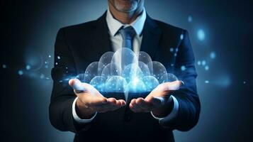 AI generated Successful Businessman Using Futuristic Virtual Technology in Modern Office photo