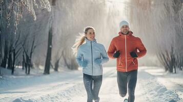 ai generado activo Pareja corriendo juntos en invierno nieve foto