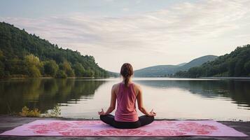 ai generado joven adulto mujer meditando a puesta de sol por el lago foto