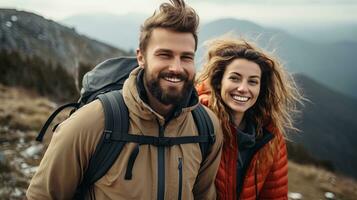 AI generated Cheerful Couple Hiking Together in Beautiful Mountain Landscape photo