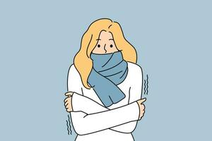 Freezing woman with scarf around neck is shivering from cold and needs warm clothes or climate equipment. Freezing girl suffers from sudden change in temperature and onset of winter vector