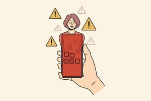 Red phone infected with virus in hand and panicking woman symbolize internet bullying and cyber attacks. Girl became victim of hackers and scammers hacked into phone or stole personal passwords vector