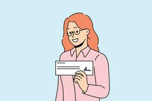 Woman with paycheck in hand smiles demonstrating financial document confirming receipt of salary or bonus. Signed paycheck in hands of businesswoman who closed deal and received payment from buyer vector