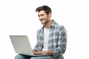 ai generado joven contento hombre operando ordenador portátil en aislado blanco antecedentes foto