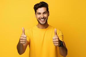 AI generated Portrait of a two happy young men showing thumbs up isolated over yellow background photo