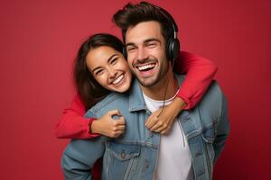 AI generated Young smiling happy couple wear casual clothes isolated on red background studio portrait. photo