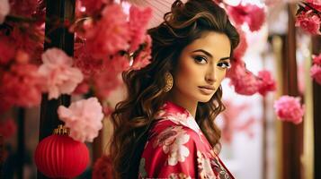 ai generado mujer en rojo kimono abrazando el belleza de rosado flores foto