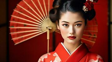 ai generado mujer en rojo kimono sostiene ventilador foto