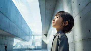 AI generated Woman Standing in Front of Urban Office Building photo