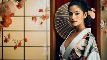 ai generado mujer vistiendo kimono planteado en frente de ventana foto