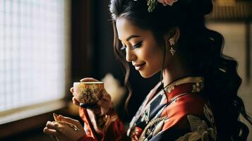 ai generado un geisha mujer participación un té taza foto