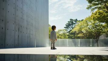 AI generated Little Boy Gazes in Awe at Majestic City Skyscraper photo