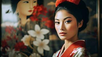 ai generado mujer en kimono con rojo flor en pelo foto