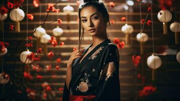 ai generado un mujer en un kimono participación un paraguas foto