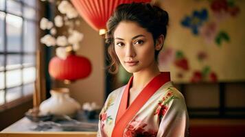 AI generated Woman in Kimono Standing in Front of Window photo