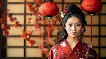ai generado mujer en rojo kimono poses con dos tradicional linternas foto
