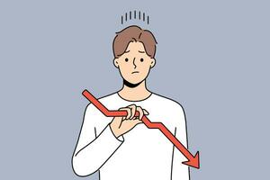 Sad man holds declining chart symbolizing beginning of crisis and financial recession affecting income. Upset guy with red down arrow reports decrease in number of clients or decrease in wages vector