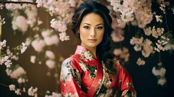 ai generado un mujer en kimono en pie en frente de flores foto