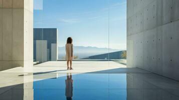 AI generated Woman in Front of Mirror, Building Reflection photo