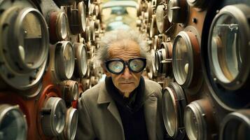 AI generated Goggles-Wearing Man Posed in Front of Barrel Stack photo