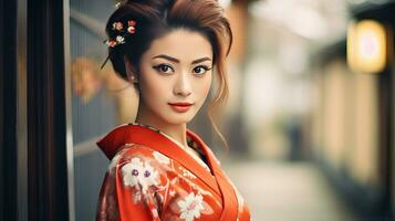 ai generado un mujer en un kimono poses para un imagen foto