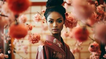 ai generado mujer vistiendo kimono en pie en frente de vistoso flores foto