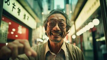 ai generado hombre con lentes en pie en frente de Tienda foto