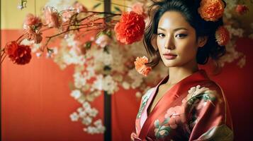 ai generado mujer en kimono con flor adornado pelo foto