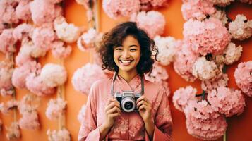 AI generated Woman Capturing the Vibrant Beauty of a Floral Wallpaper with a Camera photo