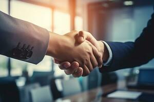 AI generated Businessmen making handshake with partner, greeting, dealing, merger and acquisition, business joint venture concept, for business photo