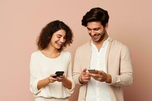 AI generated Young smiling happy couple hold in hand use mobile isolated on pastel light background studio portrait. photo