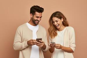 AI generated Young smiling happy couple hold in hand use mobile isolated on pastel light background studio portrait. photo