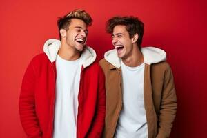 AI generated Portrait of a two happy young men laughing isolated over red background photo