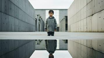 AI generated Young Boy Contemplating Life at Reflecting Pool photo