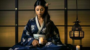 ai generado mujer adornado en tradicional kimono sostiene un esclarecedor vela foto