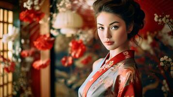 ai generado mujer en tradicional kimono poses graciosamente en frente de ventana foto