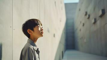 AI generated A Young Man Posing Thoughtfully in Front of a Textured Brick Wall photo