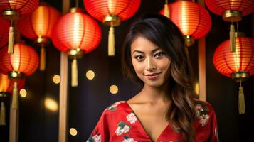 AI generated Woman Standing in Front of Red Lanterns photo