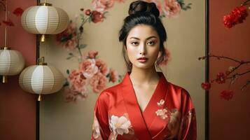 AI generated A Serene Woman in a Red Kimono Poses Gracefully in Front of a Wall Adorned with Vibrant Flowers photo