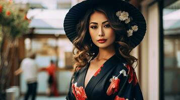 AI generated Woman With Black Hat Adorned with Floral Design photo