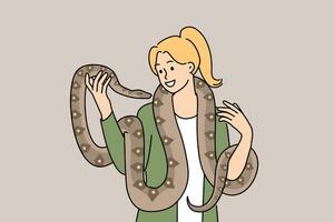 Woman with long snake around neck smiles enjoying communication with beloved pet boa constrictor. Girl holds dangerous predatory snake and does not feel fear at sight of poisonous python vector