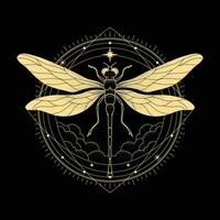 elegante oro libélula Arte con línea Arte punteado y mano dibujado estilo vector