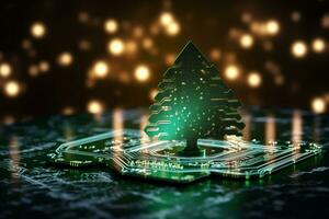 AI generated Christmas tree made with circuit board technology concept photo