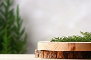 AI generated Christmas elegant and natural podium with tree stage display mockup with lightbranches of spruce pine photo
